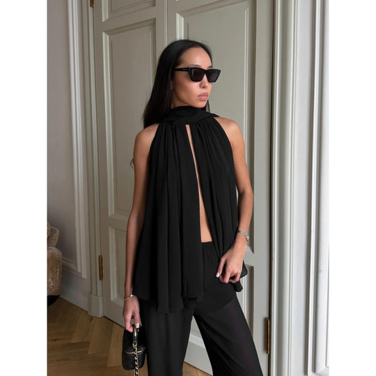 Damen Elegantes Top mit fließendem Schnitt und raffiniertem Halstuch EB
