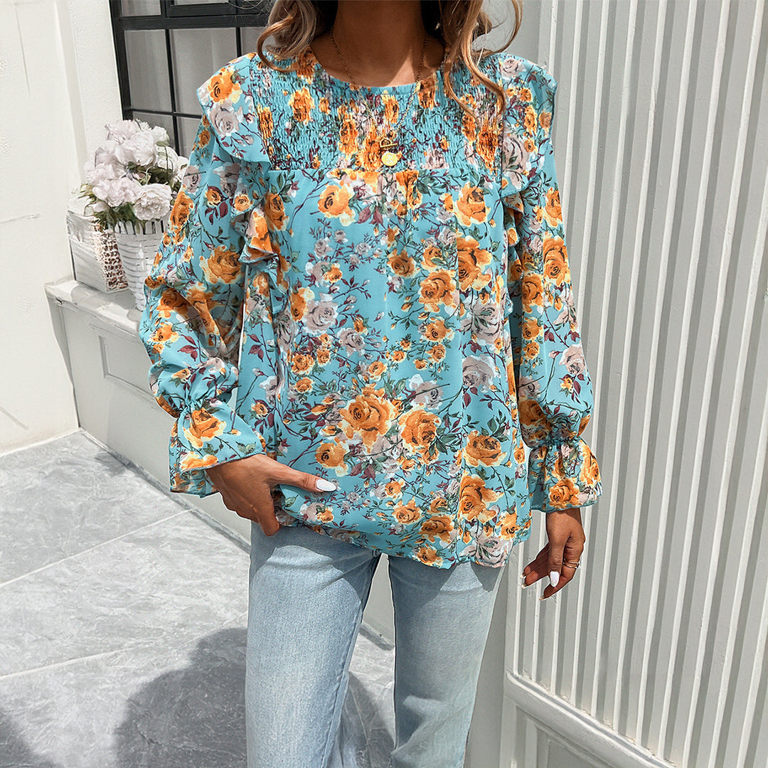 Damen nan geblümte Chiffonbluse mit geraffter Passe, Volantärmeln und lockerem Fall EB