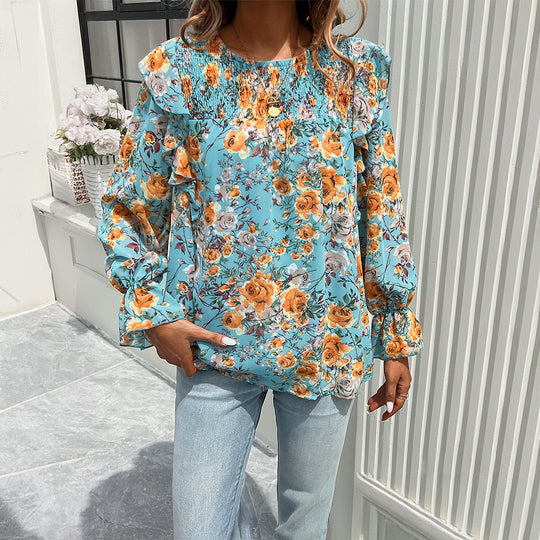 Damen nan geblümte Chiffonbluse mit geraffter Passe, Volantärmeln und lockerem Fall EB