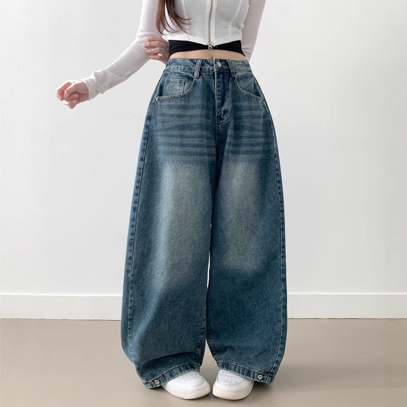 Damen Weite High-Waist Denim-Hose mit Faltenwurf EB