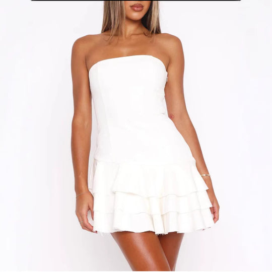 Damen Trägerloses Rüschenkleid mit fließendem Saum EB