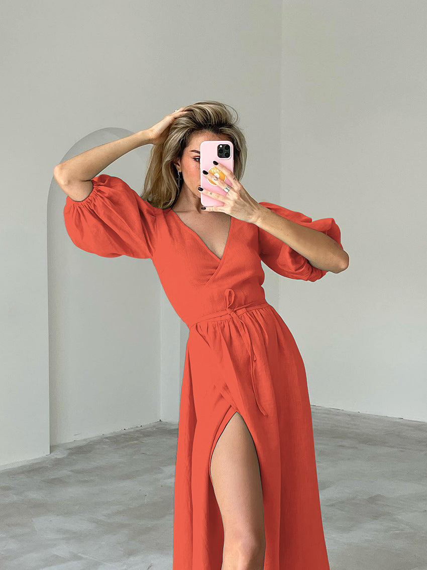 Damen Maxikleid mit eleganten Puffärmeln EB