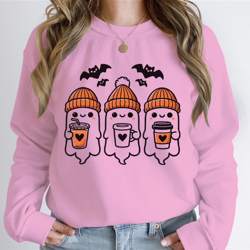 Damen nan gemütlicher Halloween Grafikpullover mit niedlichen Geist-Motiven, Rundhalsausschnitt und weichem Baumwollmix EB