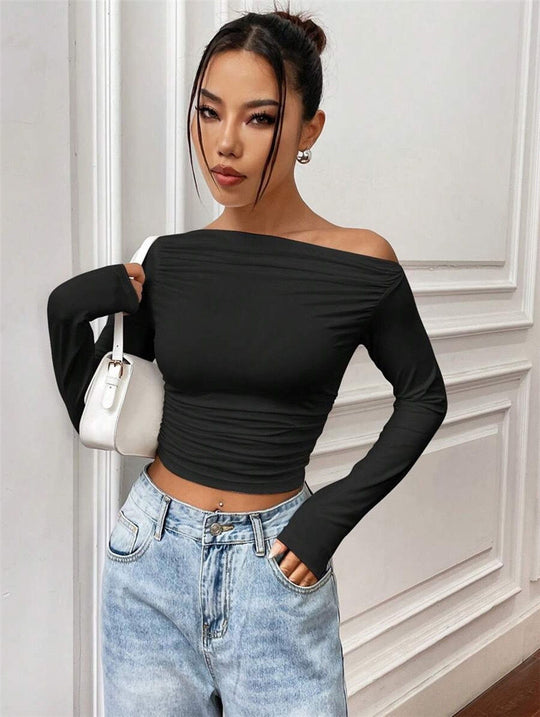 Damen Elegantes Off-Shoulder Langarmtop mit figurbetontem Schnitt EB