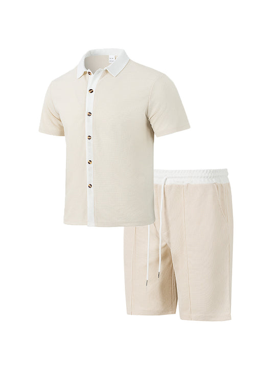 Herren nan modernes Freizeit-Set aus feinem Strukturjersey mit Hemdkragen-Knopfleiste und Kordel-Shorts EB