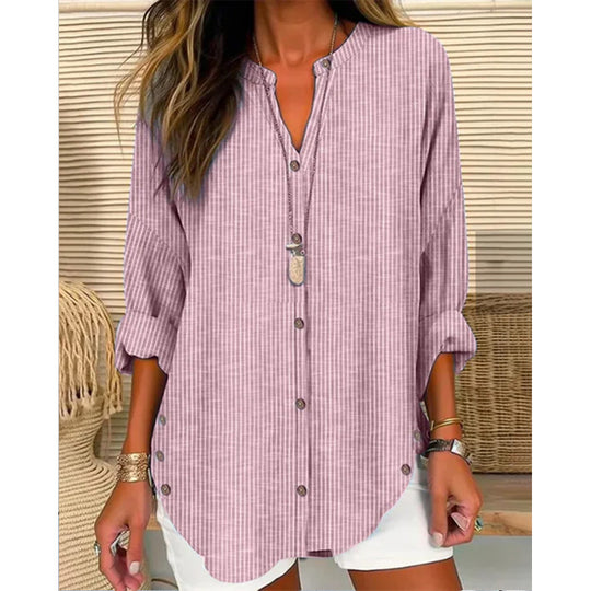 Damen Langarm Blusenshirt mit Knopfleiste und asymmetrischem Saum EB