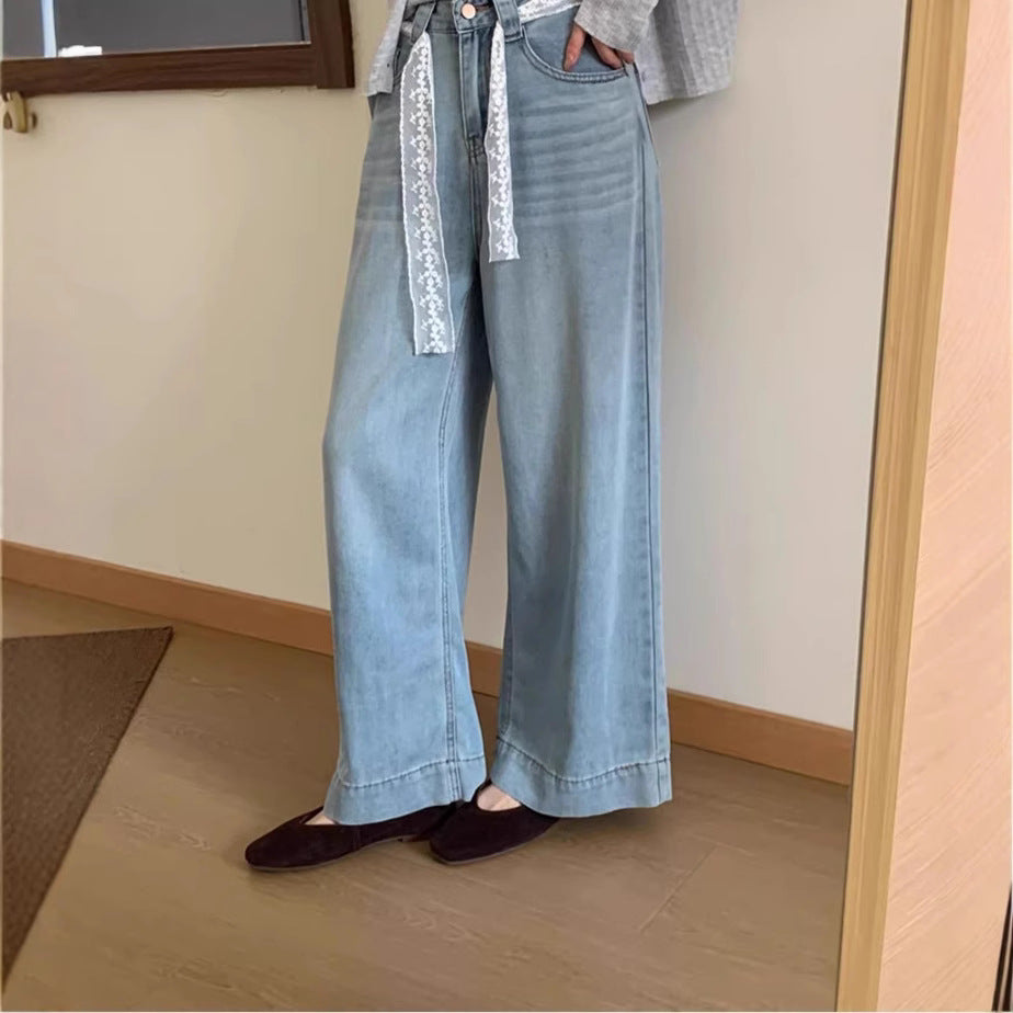 Damen Weite High-Waist Jeans mit dekorativem Kordelzug EB