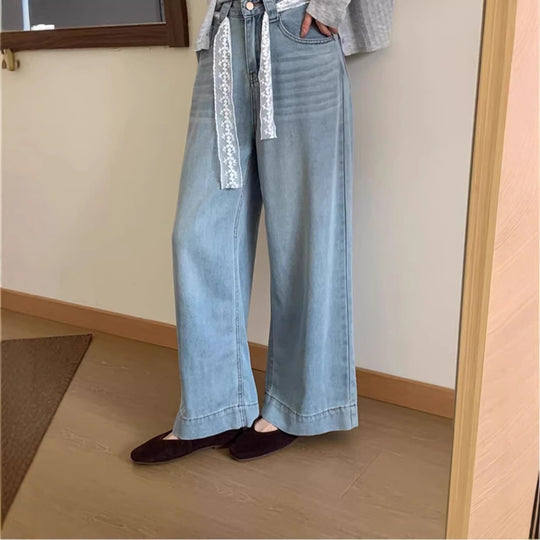Damen Weite High-Waist Jeans mit dekorativem Kordelzug EB