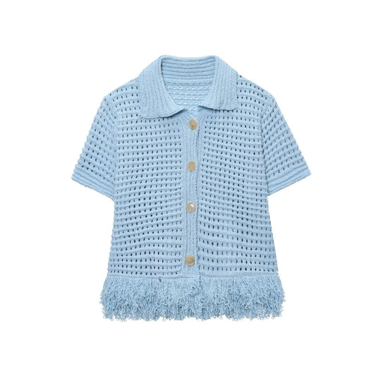 Damen Kurzarm-Strickjacke mit fransigem Saum und dekorativen Knöpfen EB