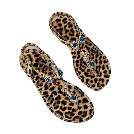 Damen Dekorative Zehentrenner-Sandalen mit Glitzer-Akzenten und Leopardenmuster EB