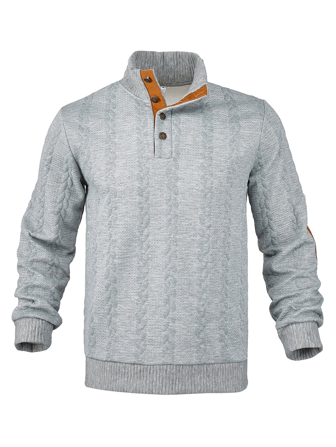 Herren nan Zopfmuster-Halbknopf-Pullover mit hohem Stehkragen und Wildleder-Ellbogenpatches EB