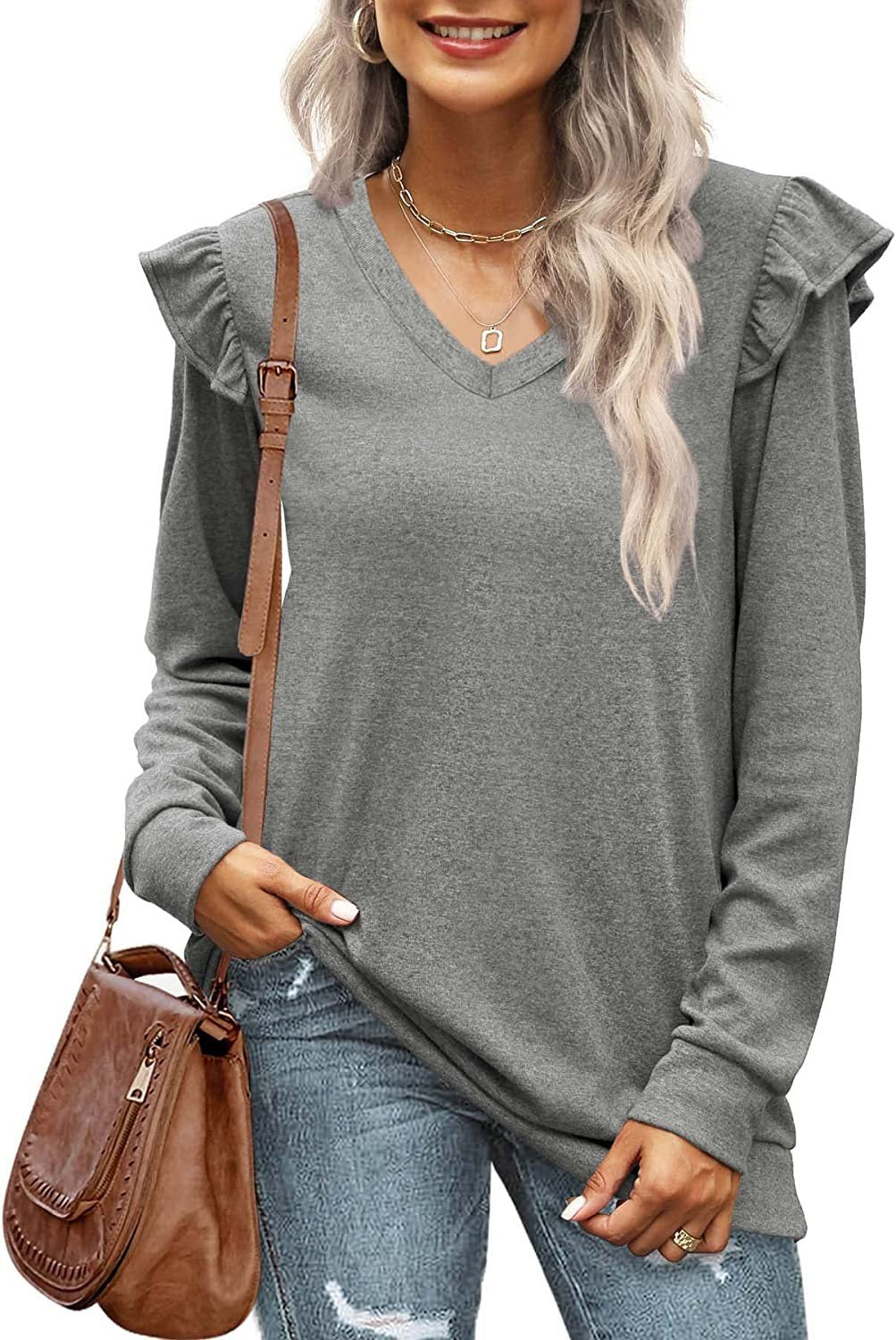 Damen V-Ausschnitt Langarmshirt mit Rüschendetails und lockerem Schnitt EB