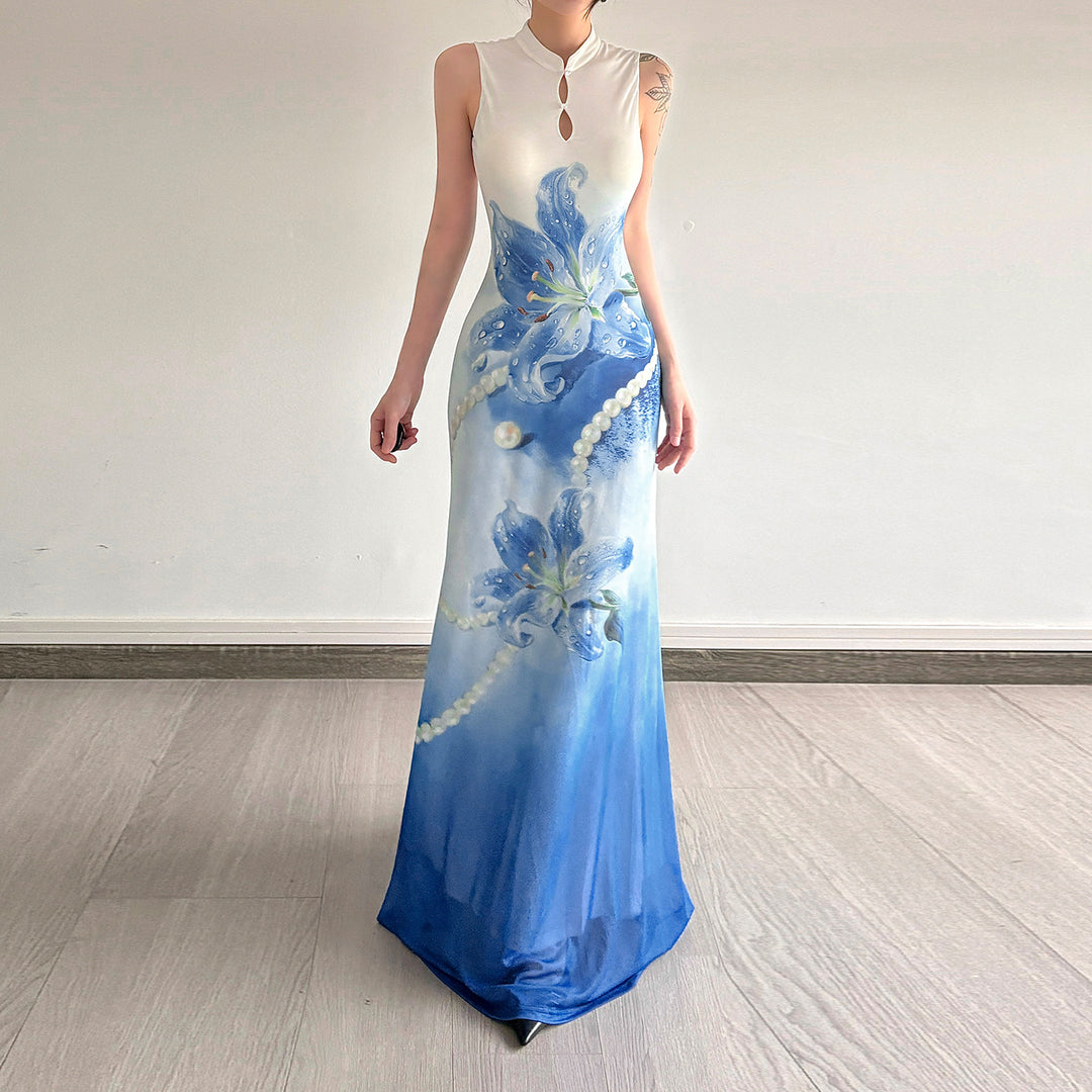 Damen Maxikleid mit floralem Druck und Perlenverzierungen EB