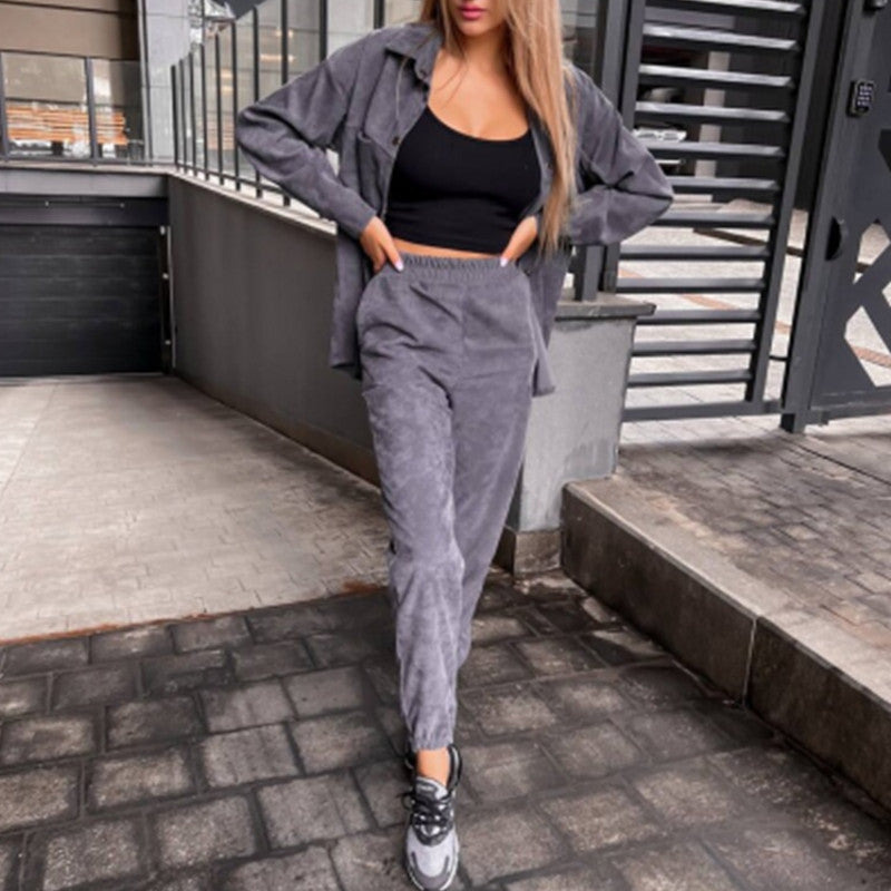Damen bequeme Lounge-Set mit Knopfleiste und elastischen Bündchen EB