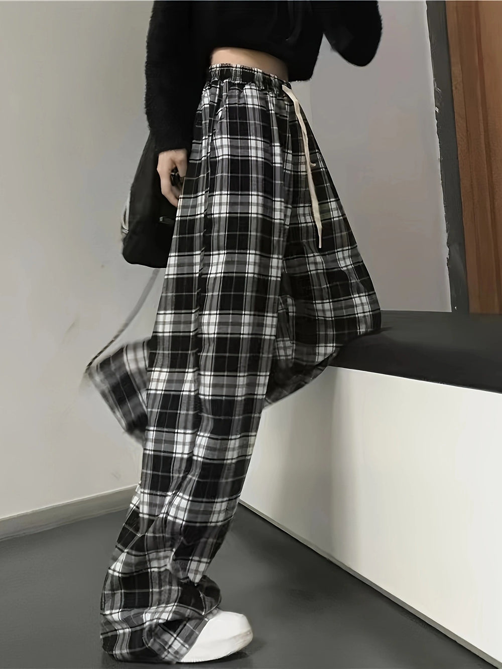 Damen Karierte Freizeithose mit elastischem Bund und Kordelzug EB