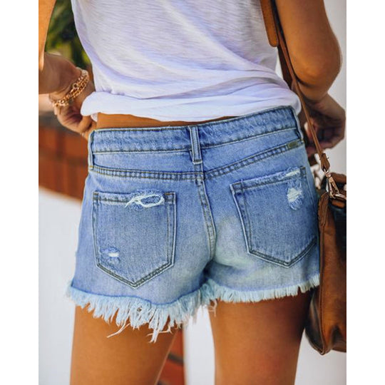 Damen Jeansshorts im Coolen USA-Design mit ausgefranstem Saum EB