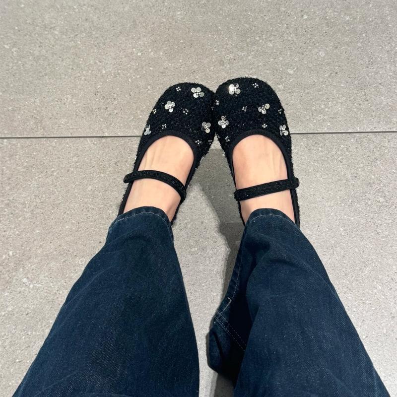 Damen Ballerinas mit floralem Glitzerdesign und verstellbarem Riemen EB