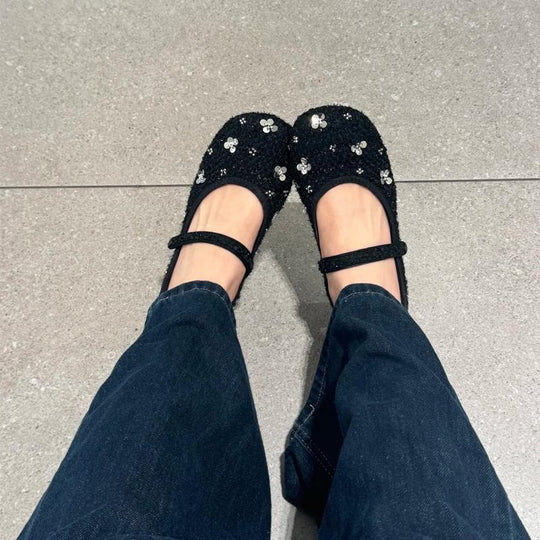 Damen Ballerinas mit floralem Glitzerdesign und verstellbarem Riemen EB