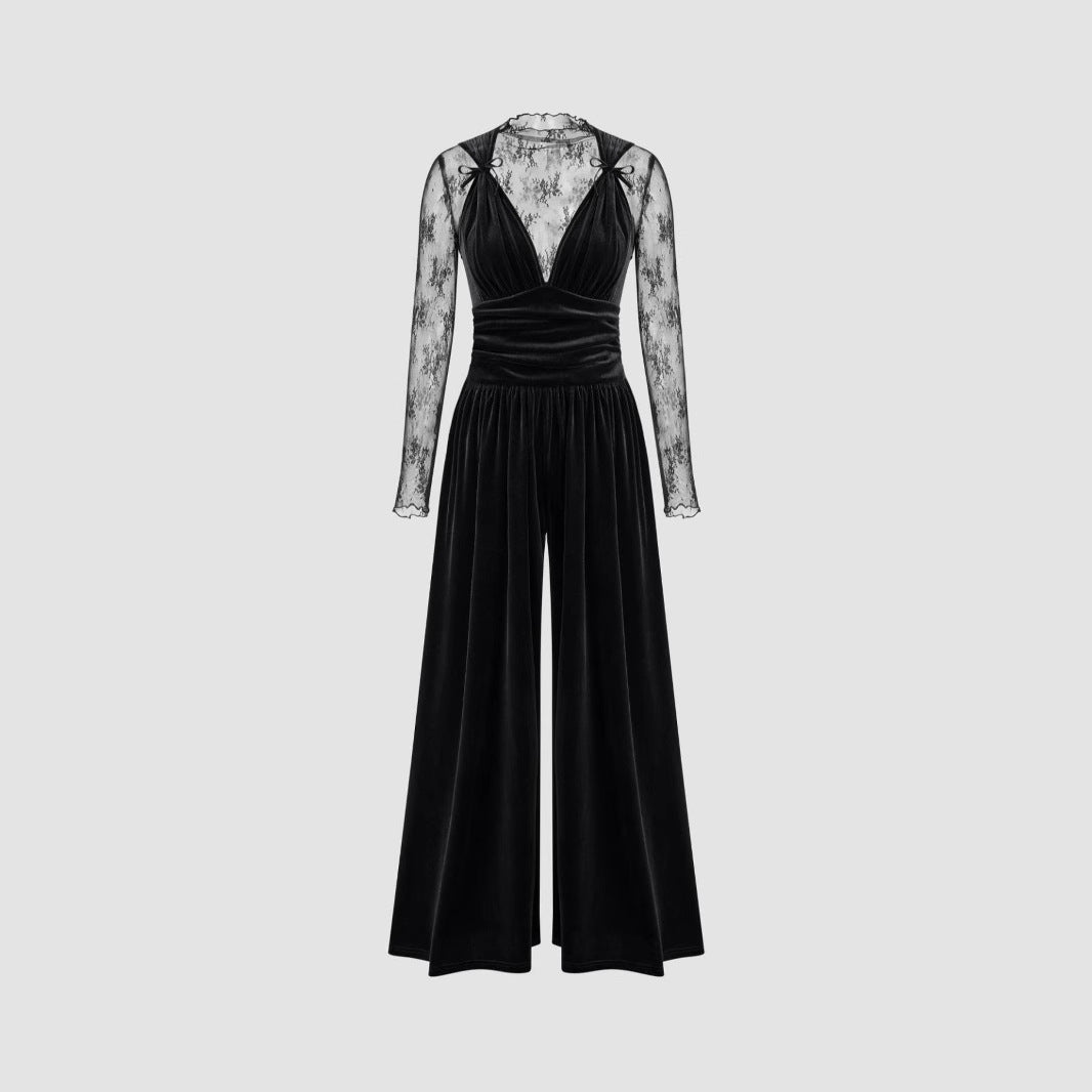 Damen elegante Spitzenbluse mit schmalem Schnitt und weitem Hosenanzug EB