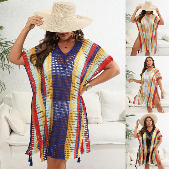 Damen luftiger Häkel-Strandponcho mit modischen Fransen EB