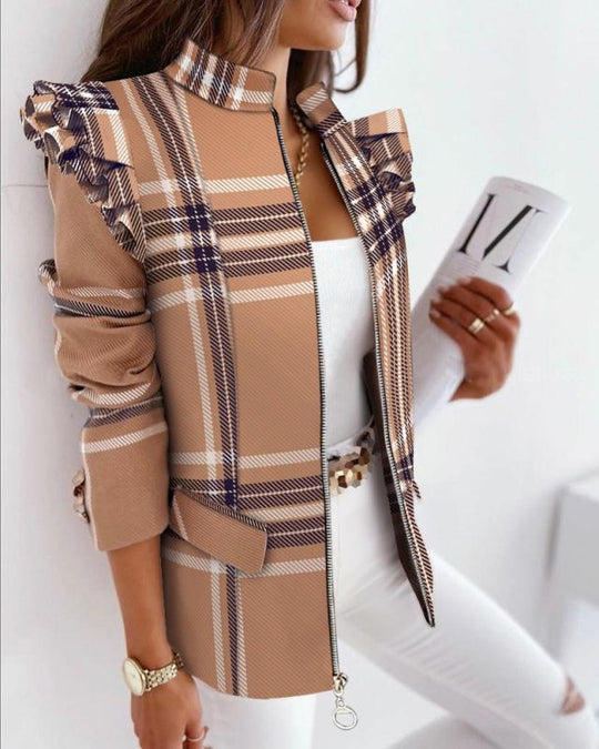Damen nan Leo-Blouson mit Volantärmeln, Stehkragen und Zipper-Front EB