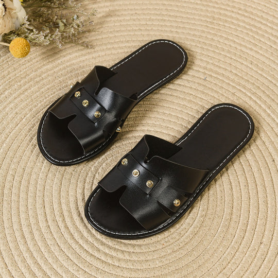 Damen modische Slides mit elegantem Riemendesign und goldenen Akzenten EB