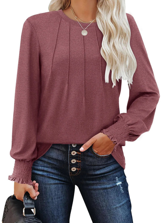 Damen Longsleeve-Tunika mit senkrechten Biesen und gerafften Rüschbündchen EB