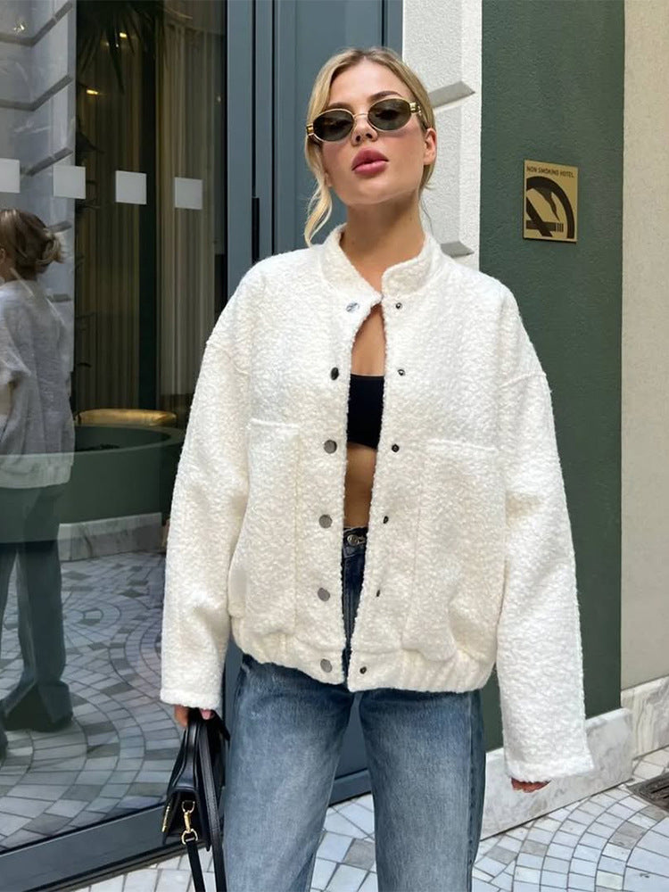 Damen Oversized Fleecejacke mit Druckknöpfen und praktischen Taschen EB