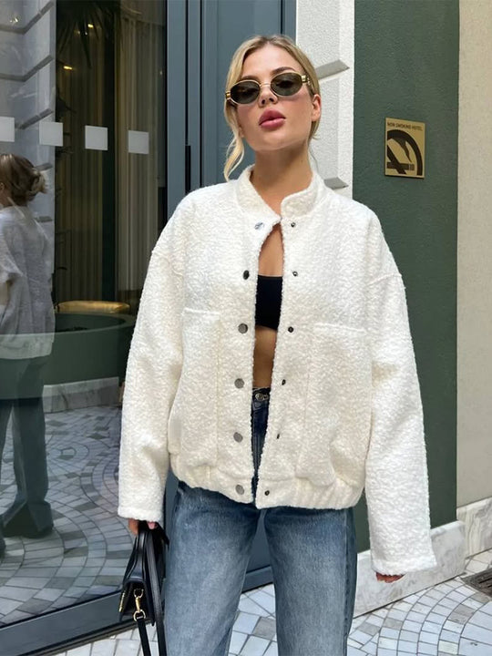 Damen Oversized Fleecejacke mit Druckknöpfen und praktischen Taschen EB
