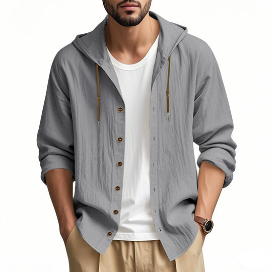 Herren nan leichtes Kapuzenhemdjacke aus Leinenoptik mit durchgehender Knopfleiste EB