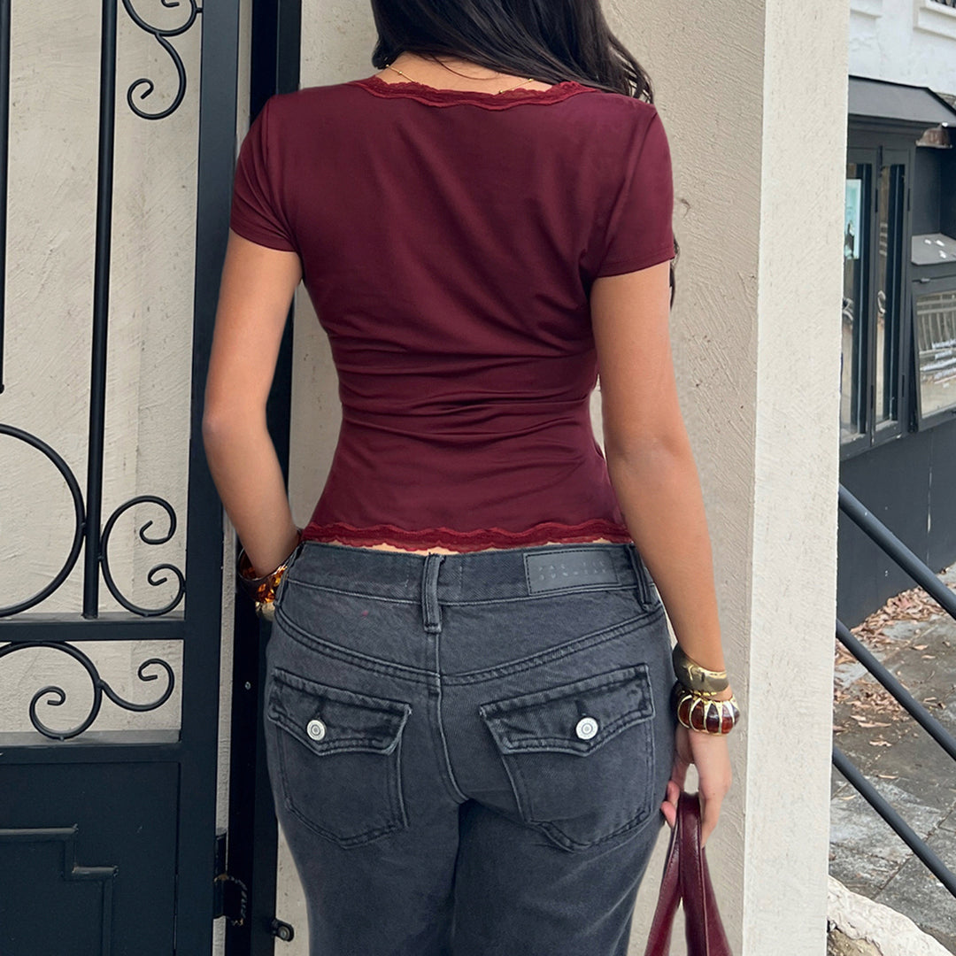 Damen Wickeloberteil mit Spitzenbesatz und Rüschendetails EB