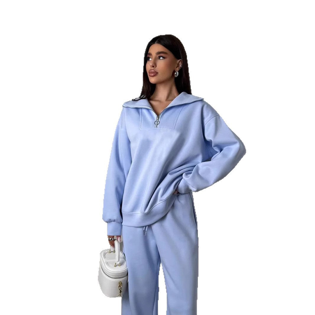 Damen Loungewear-Set mit halbem Reißverschluss und weiter Bügelfalten-Hose EB