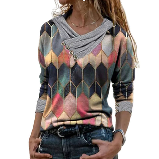 Damen modisches Langarmshirt mit V-Ausschnitt und dekorativen Knopfdetails EB