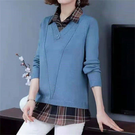 Damen Layered Strickpullover mit V-Ausschnitt und trendy Hemdbluse EB