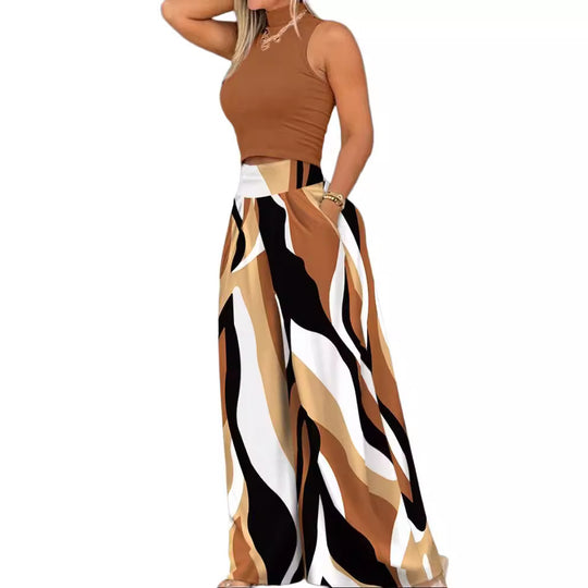 Damen angesagtes Outfit mit ärmellosem Oberteil und weitem Rock EB