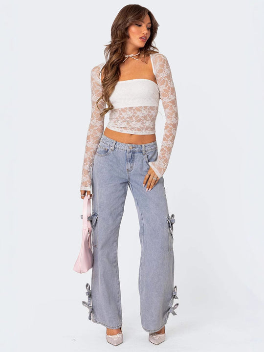 Damen Trendige Spitzenbluse mit langen Ärmeln und dekorativen Details EB