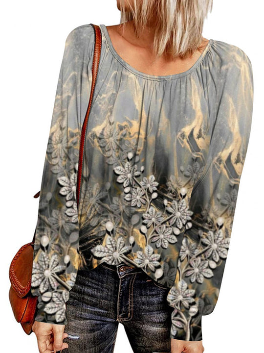 Damen Ethno-Print Oversize-Tunika mit Rundhalsausschnitt und langen Ballonärmeln EB