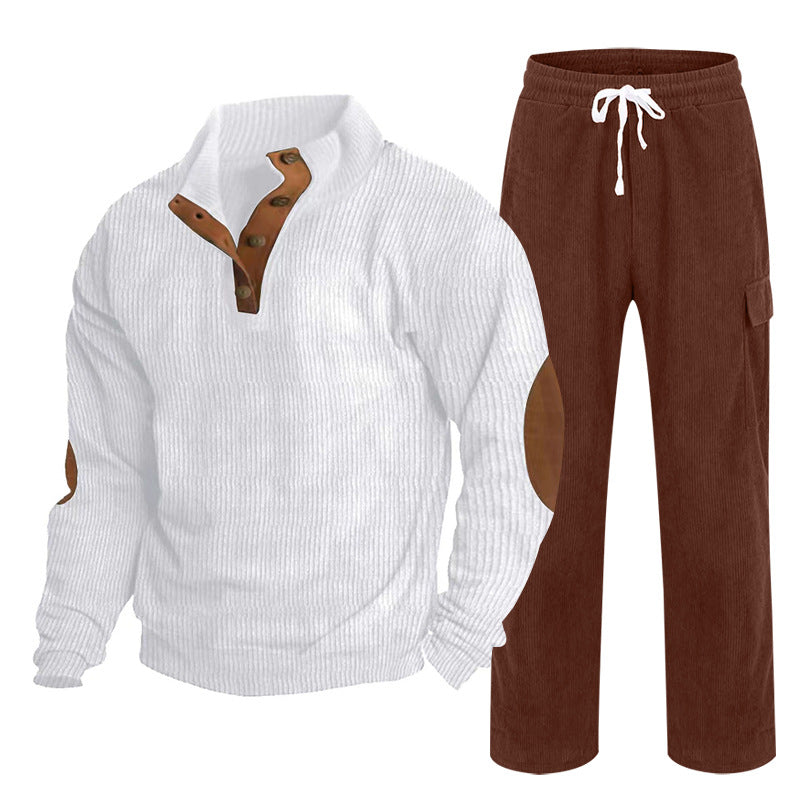 Herren nan strukturiertes Cord-Henley-Loungewear-Set mit Ellenbogenpatches und Cargo-Jogpant EB