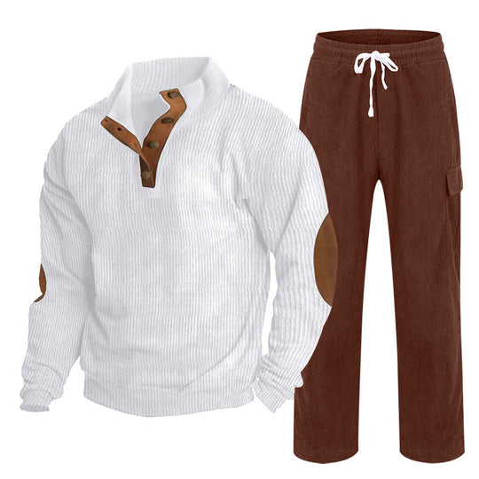 Herren nan strukturiertes Cord-Henley-Loungewear-Set mit Ellenbogenpatches und Cargo-Jogpant EB