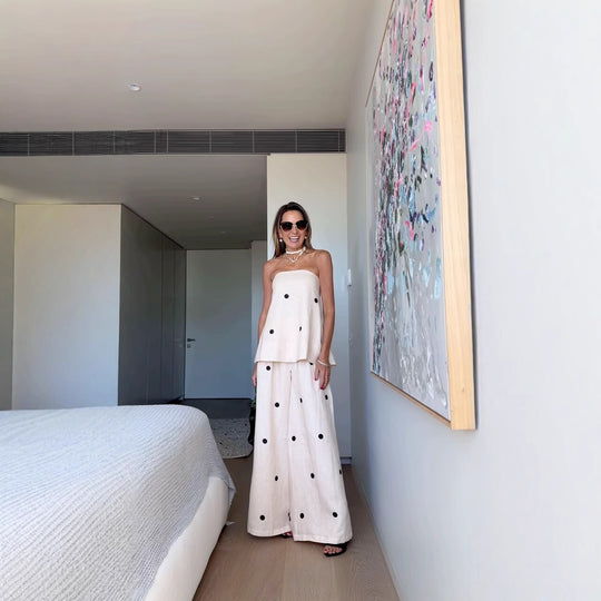 Damen Set aus ärmellosem Top und weitem Hosen mit Punkten EB