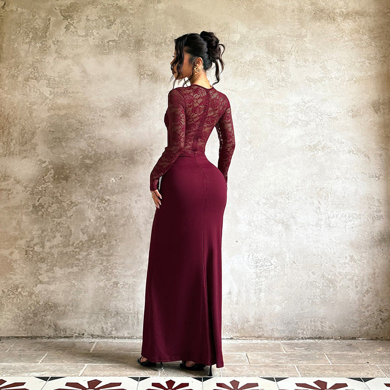 Damen elegantes Langarmkleid mit Spitzenoberteil und figurbetontem Schnitt EB