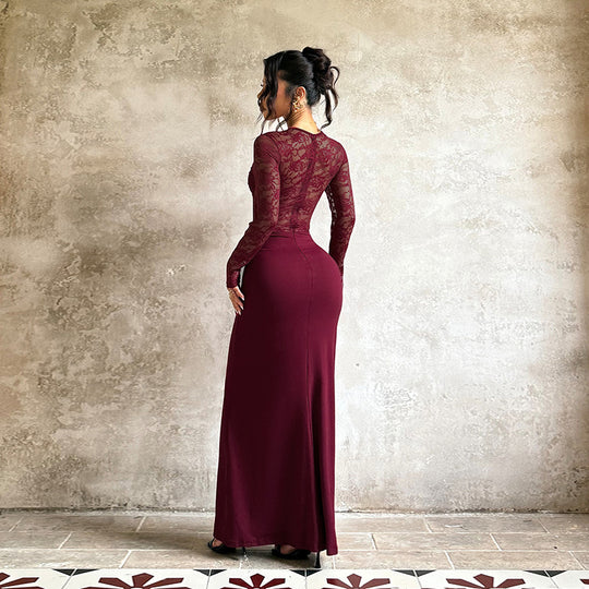 Damen Elegantes Langarm-Spitzenkleid mit tailliertem Design EB