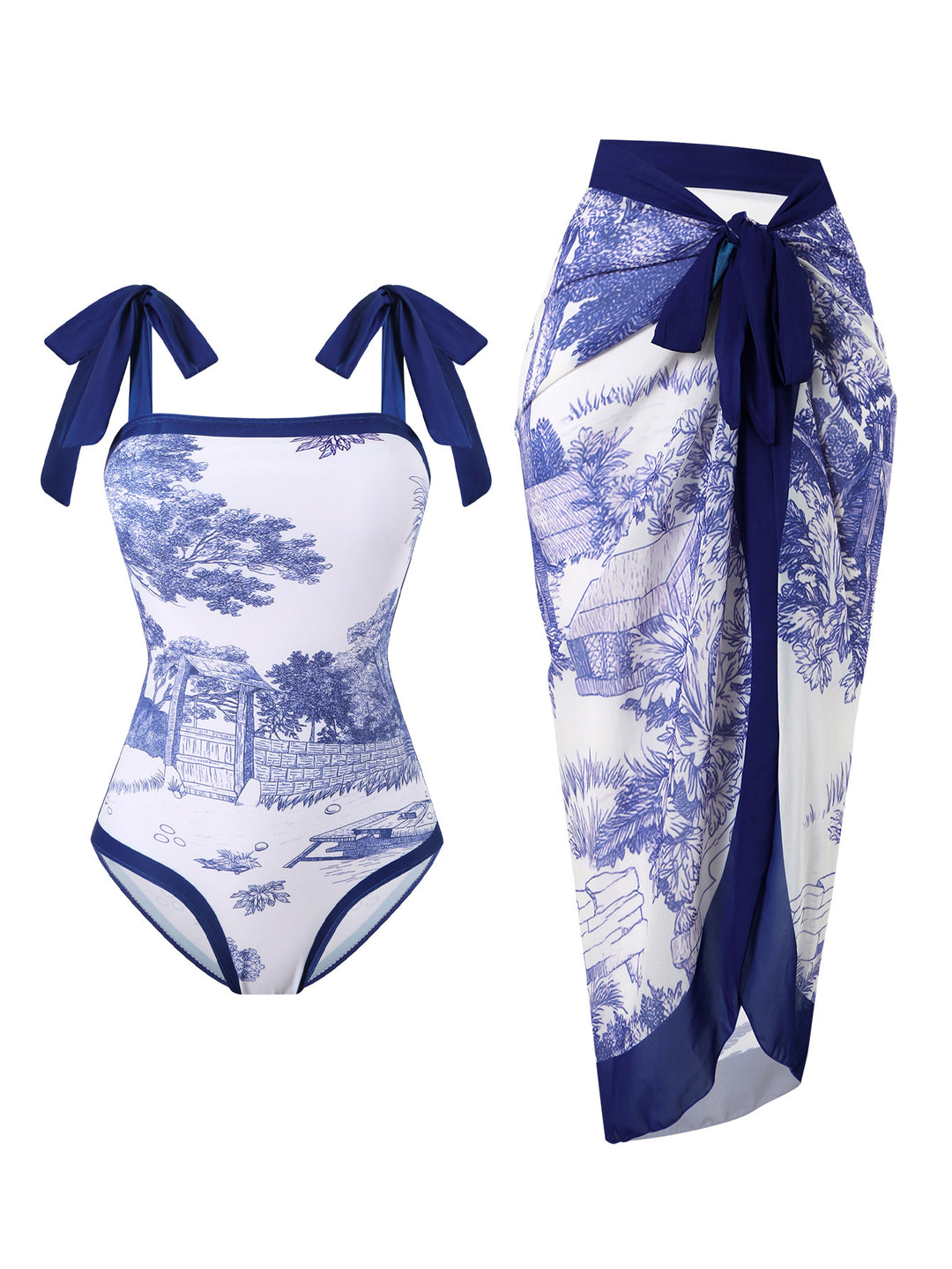 Damen Badeanzug mit floralem Design und transparentem Wickelrock EB
