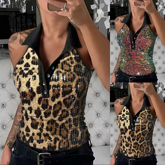 Damen Glitzerndes Poloshirt mit Leopardenmuster EB