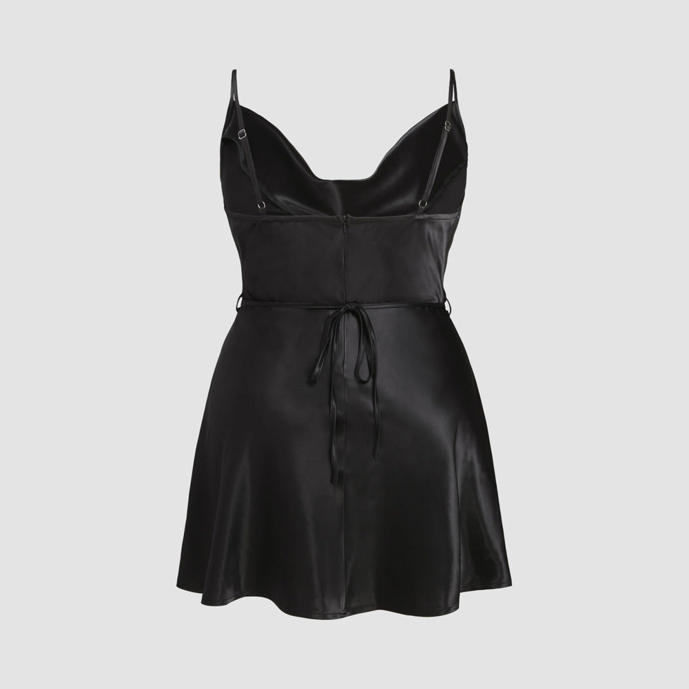 Damen elegantes Satin-Kleid mit verstellbaren Trägern und Taillenband EB