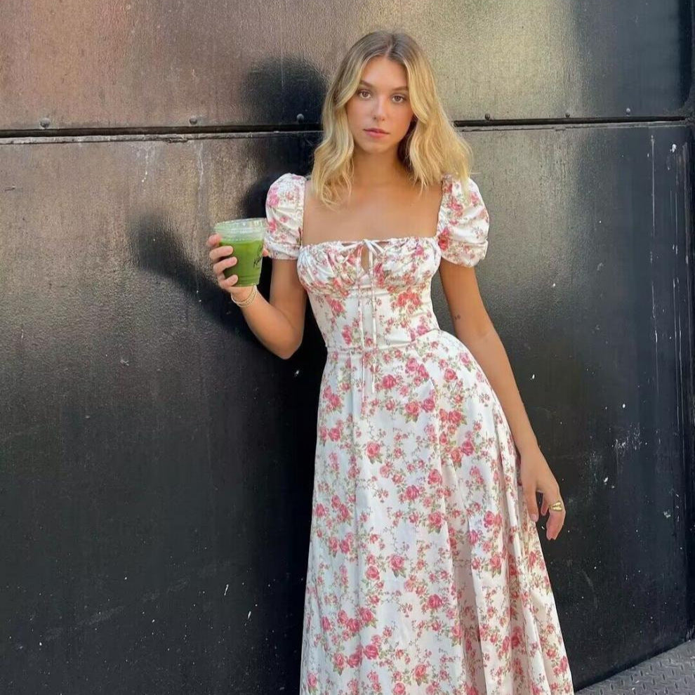 Damen Sommerliches Blumenkleid mit hochgeschlossenem Ausschnitt und Puffärmeln EB