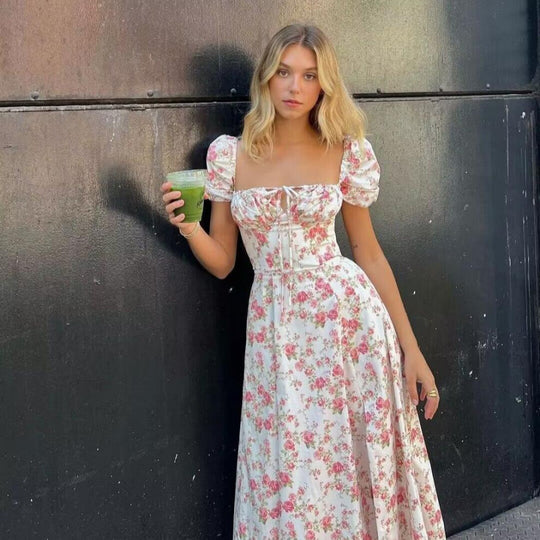 Damen Sommerliches Blumenkleid mit hochgeschlossenem Ausschnitt und Puffärmeln EB