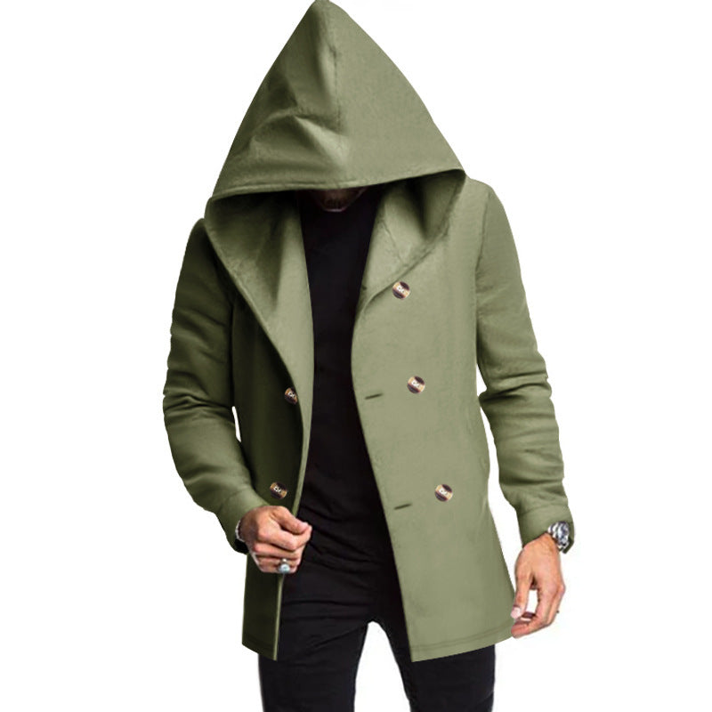 Herren modischer Mantel mit Kapuze und doppelter Knopfreihe EB