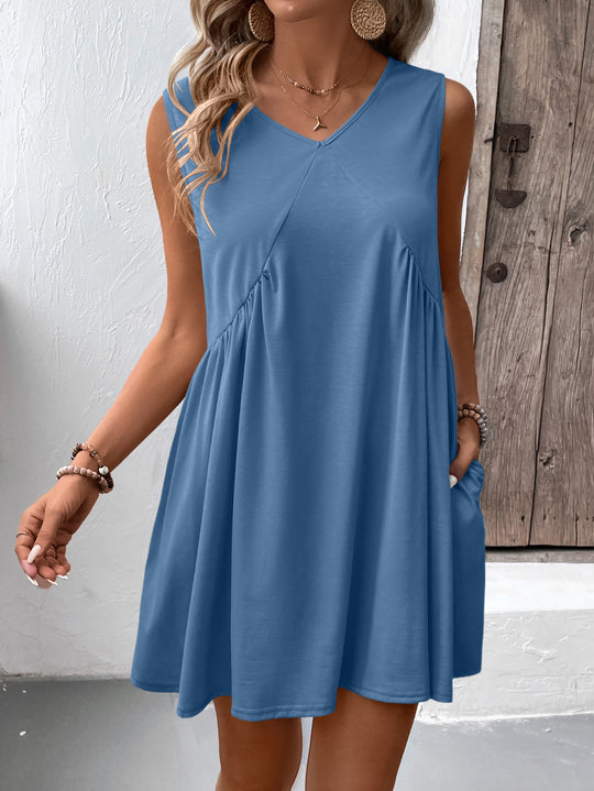 Damen luftiges V-Ausschnitt Kleid mit seitlichen Taschen und fließendem Schnitt EB