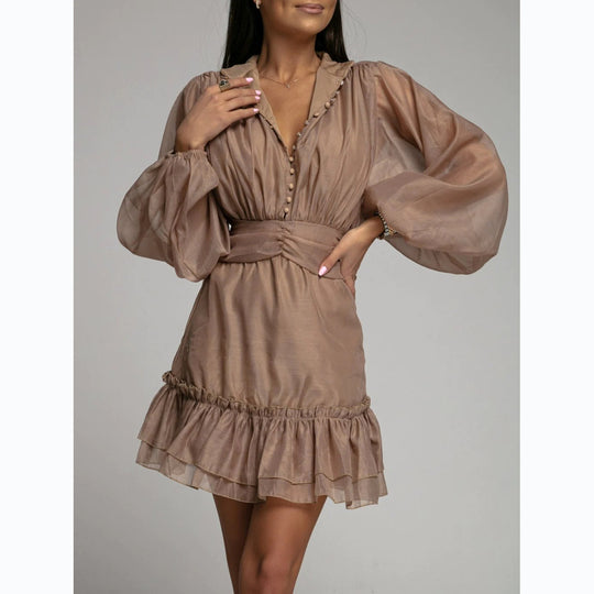 Damen Minikleid mit voluminösen Ärmeln und raffiniertem Rüschendesign EB